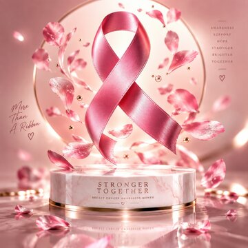 Pink ribbon with delicate flower petals and pearls, symbolizing breast cancer awareness and strength, surrounded by soft light