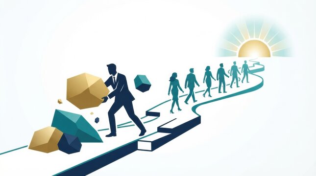 A leadership team works together to clear obstacles while progressing on a path towards corporate success and strategy.