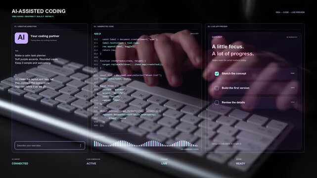 AI specialist works at a keyboard. Conversational coding illustrates a path from describing an application to reviewing its behavior, using a task planner as the working software example.
