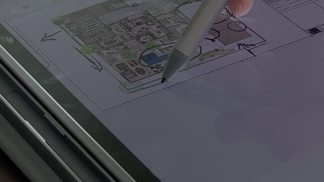 Using digital stylus on a tablet device to review and edit an architectural floor plan, illustrating modern design, planning and creative technology, close-up view