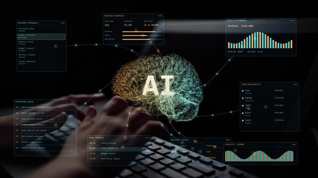 Work continues on a laptop. Purchase orders, contracts and expenses move through an AI-assisted process that combines approval queues with reporting and operational coordination.