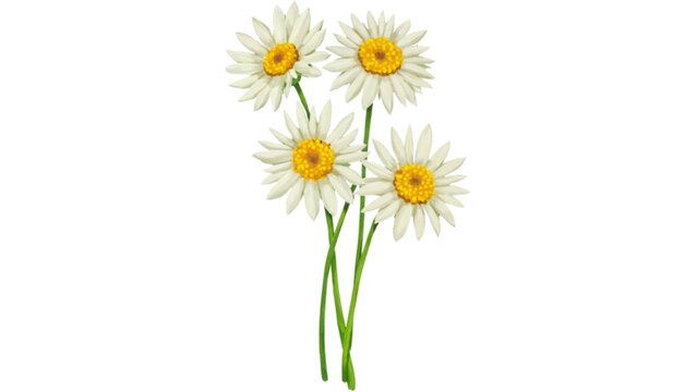 Four white daisy flowers with yellow centers and green stems isolated on white background for botanical floral and spring designs