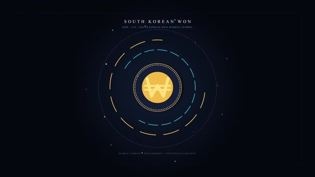 Abstract digital circular data flow animation, futuristic glowing technology elements, blue and gold particles, dark background