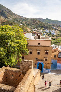 Overhead view of Uta Hammam square from the Kasbah, in the medina, in Chefchaouen, Morocco