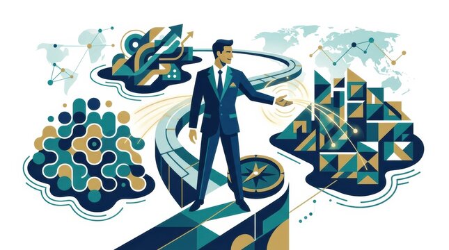 A business leader engages with visual elements representing growth and strategy. The setting shows a focus on management and cultural aspects.