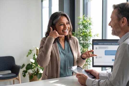 Mature woman making a call me gesture to a customer service agent with a chatbot on screen