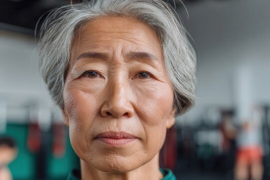 East asian woman with gray hair looking directly at camera, representing aging and wellness