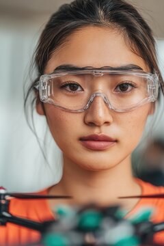 East asian woman wearing clear safety glasses focusing on engineering technology with a drone