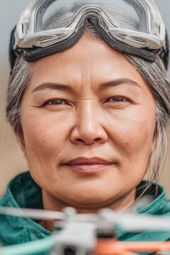 East asian woman wearing protective goggles focusing while operating a drone