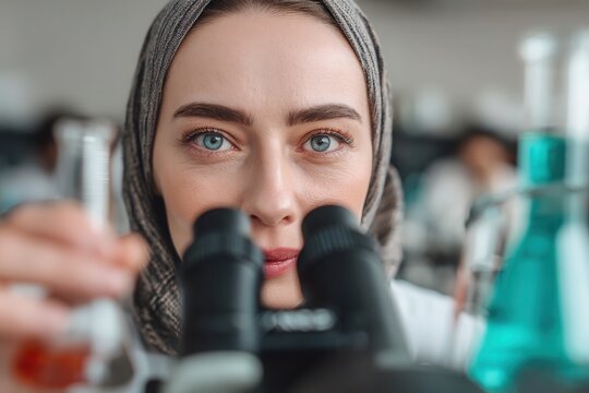 Middle eastern woman scientist researching looking through microscope