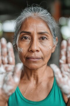 Indigenous woman showing hands covered in white flour, looking directly at the viewer