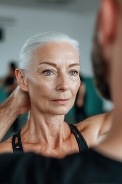 Senior woman is focusing on exercise, receiving guidance from her trainer