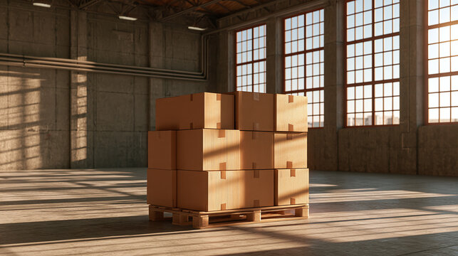 Stack of cardboard boxes on a wooden pallet inside empty industrial hall
