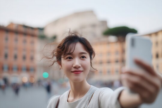 Asian woman smiles capturing selfie on her phone in an urban outdoor setting