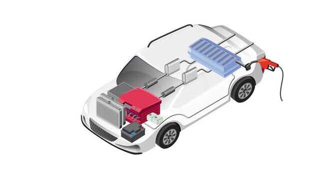 Hybrid petrol car engine internal components schematic breakdown and reassembly on white background.