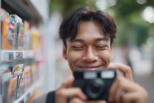 Young asian man closing eyes, smiling while holding a camera