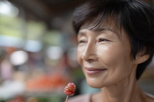 Asian senior woman smiling, holding a candied fruit skewer at an outdoor market