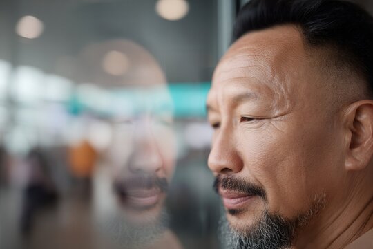 Man looking through a window with his reflection visible, showing contemplation