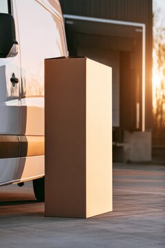 Delivery van parked beside a brown package during sunset hours