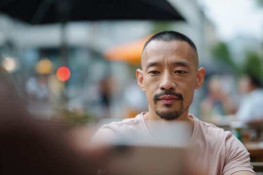 Asian man sitting outdoors, using a device, with a soft background
