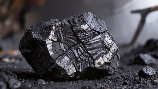 Coal mining, a close-up of a large black chunk of raw coal with cracked texture and mineral patterns resting on a dark coal dust surface inside a mining industry facility