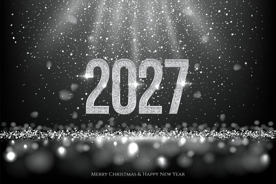 2027 Happy New Year greeting card vector background. 2027 silver numbers with falling confetti and glow light effects on black. Luxury festive sparkle holiday postcard, invitation, banner