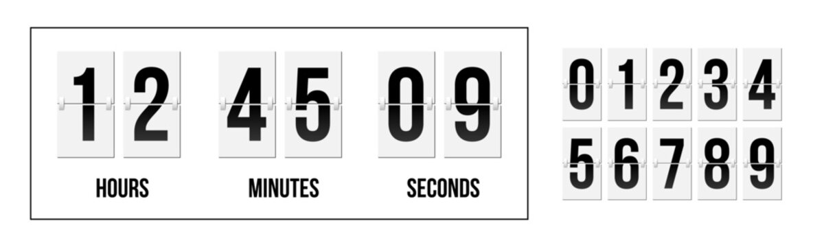 Flip countdown numbers set. Mechanical flip clock display with countdown numbers and classic analog timer design showing hours, minutes, and digital scoreboard digits. Realistic vector illustration