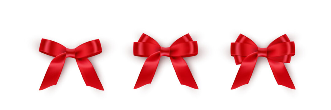 Red bows with ribbons isolated on white background. Gift wrapping decoration elements. Present box decor. Festive realistic 3d vector illustrations set.