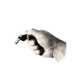 Halftone hand with whistle for collage isolated on white background. Trendy vintage monochrome vector illustration.