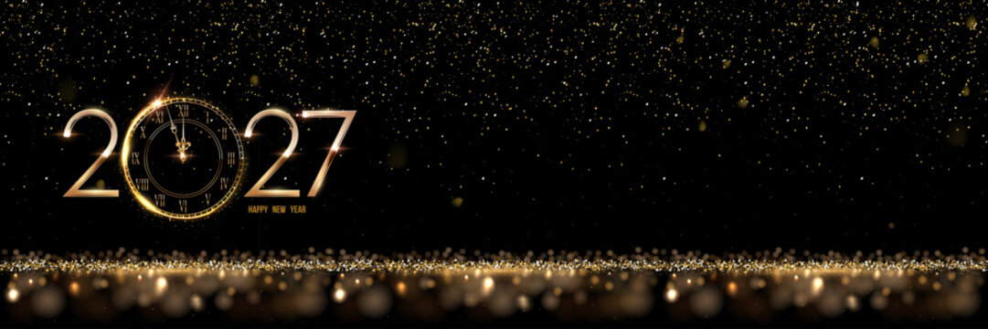 2027 Happy New Year greeting card vector background. 2027 golden numbers with clock countdown, falling confetti and glow light effects. Luxury festive sparkle holiday postcard, invitation, banner