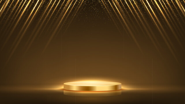 Gold award background. Winner podium on stage with falling glowing angled light beams with sparkling particles. Elegant luxury vector backdrop for presentation, winner ceremony