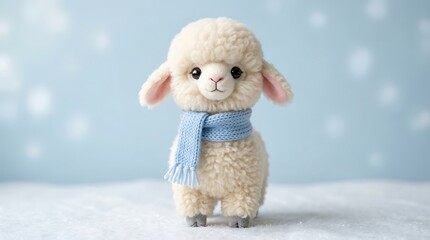 Fototapeta premium A cute fluffy toy llama wearing a soft blue knitted scarf on a winter background.