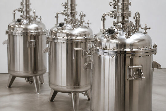 Stainless steel industrial fermentation or brewing tanks are displayed in a clean, professional setting.