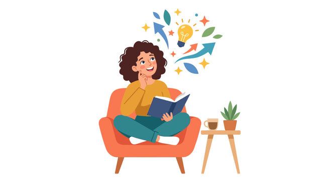 Woman Sitting in Chair Reading Book with Creative Ideas and Lightbulb Concept