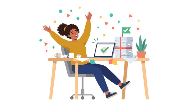 Happy Woman Celebrating Completion of Work Tasks at Office Desk