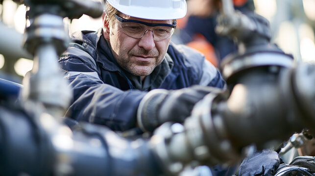 Engineer man wear safety helmet and glasses fix industrial plant valve 123