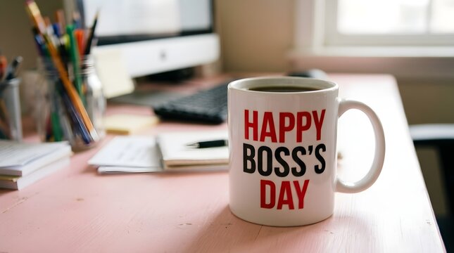 A steaming warm cup of coffee sits in a white mug with a happy boss's day greeting on a well lit office