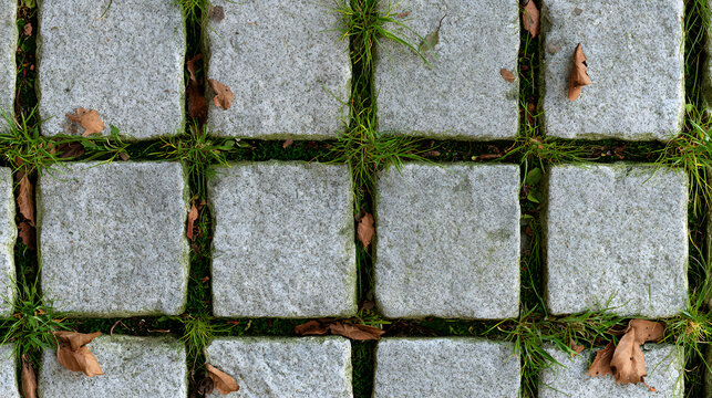 A top down view of a rustic grey cobblestone pavement texture with fresh green grass and dry autumn leaves growing and scattered between the stone blocks in a quiet historical European city street. xx