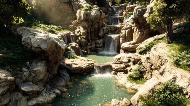 Scenic waterfall cascading over rocky cliffs into a tranquil pool surrounded by lush greenery and sunlight filtering through trees in a serene natural landscape