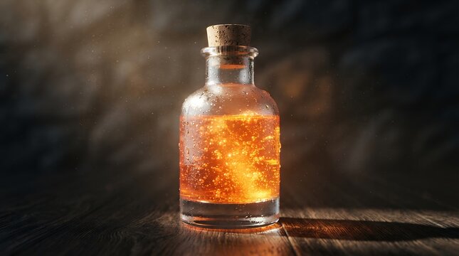 Vintage glass potion bottle with glowing orange liquid, mystical apothecary elixir jar with cork stopper, magical fantasy alchemy vial on dark wood