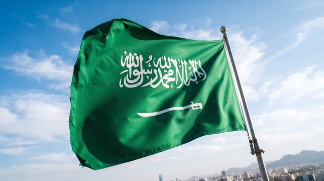 Waving flag of saudi arabia against a vibrant blue sky with fluffy clouds