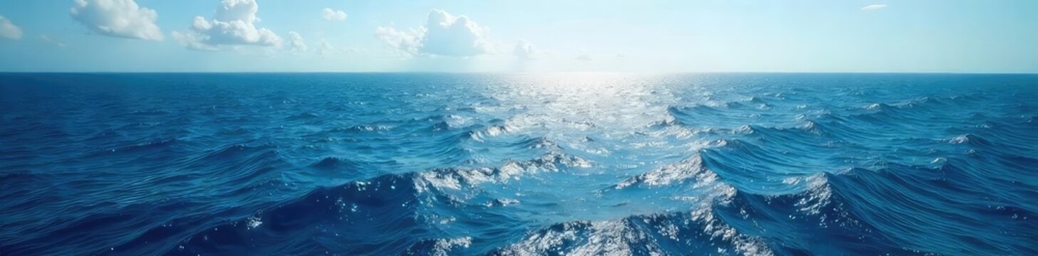 Vast, deep blue ocean stretches to the horizon, sunlight reflecting on the endless waves A breathtaking view of the seemingly limitless sea , nautical, calm