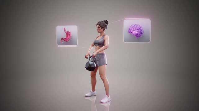 Conceptual 3D animation of a fit woman doing kettlebell exercise with benefits for the gut microbiome and brain