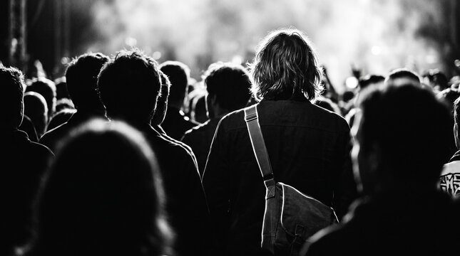 Crowd at a golden-hour outdoor concert. Pink and cyan strobe lights pulse over the audience. The packed audience raises hands during a dramatic chorus. Wide-angle event banner, copy