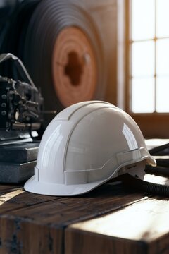 Construction helmet placed on wooden surface in workshop during daylight
