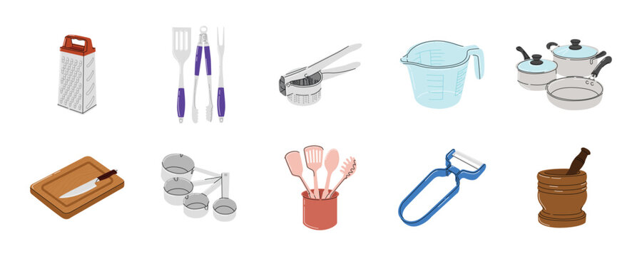 Hand Drawn Vector Illustration of Kitchen Utensils and Cookware Set. Illustration of Kitchen Tools and Cooking Equipment