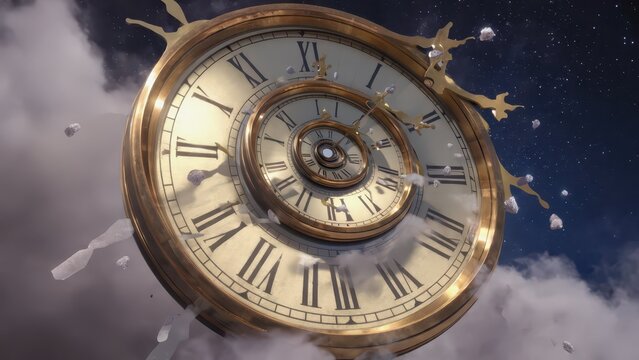 Surreal shattered golden clock floating amongst clouds and stardust, representing time distortion and a dreamlike concept for conceptual and imaginative design.