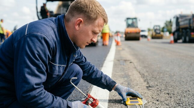 Construction worker installing a reflective road stud on a highway pavement