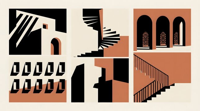 Architectural shadow vector collage showcases geometric forms and repeating archways in a minimalist style architecture
