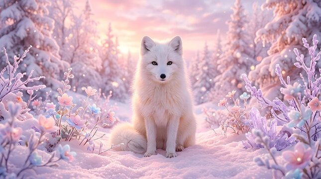 An arctic fox sits amongst snow covered branches and frosted flora in a winter landscape